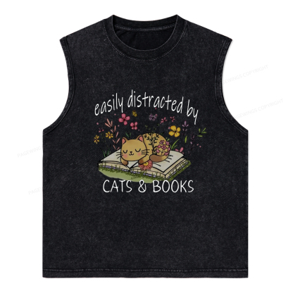 Pagewings Easily Distracted By Cats And Books Unisex Washed Tank Top