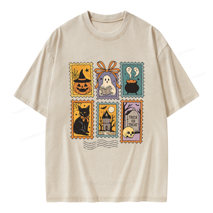 Pagewings Halloween Cute Ghost Pumpkin Cat Unisex Washed T-shirt