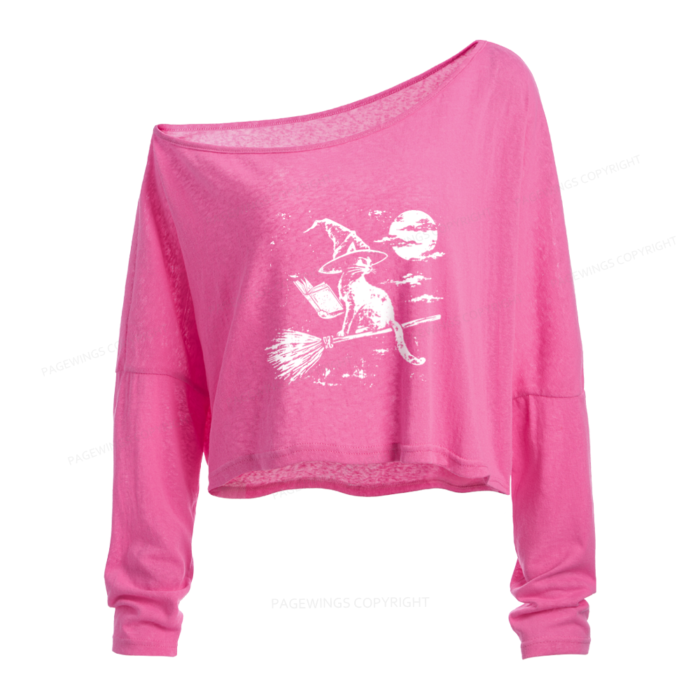 Pagewings Witchy Cat Slouchy Long Sleeve Off Shoulder T-shirt