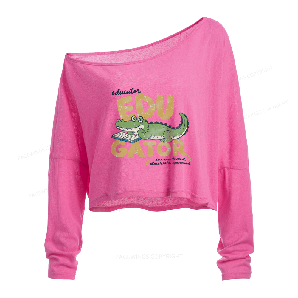 Pagewings Retro Alligator Teacher Slouchy Long Sleeve Off Shoulder T-shirt