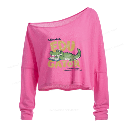 Pagewings Retro Alligator Teacher Slouchy Long Sleeve Off Shoulder T-shirt
