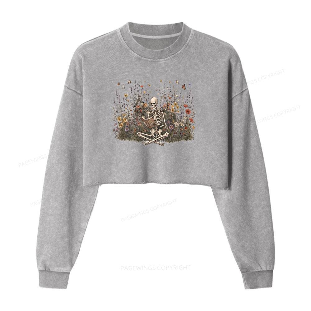 Pagewings Skeleton Reading Book Washed Crop Sweatshirt