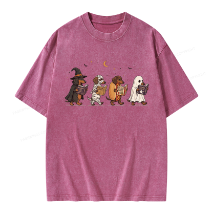 Pagewings Cute Spooky Season Wiener Dog Reading Unisex Washed T-shirt