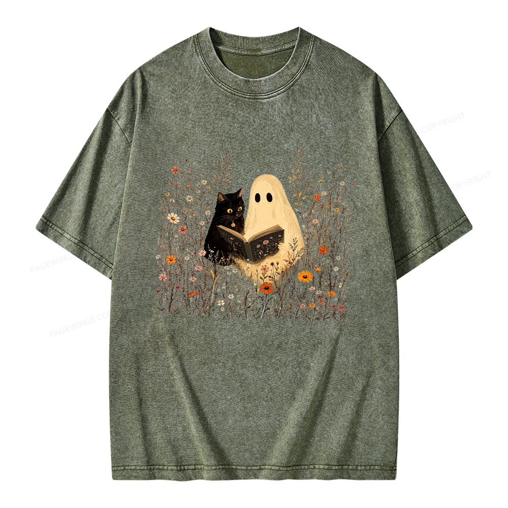 Pagewings Ghost Black Cat Reading Unisex Washed T-shirt