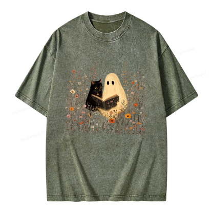 Pagewings Ghost Black Cat Reading Unisex Washed T-shirt