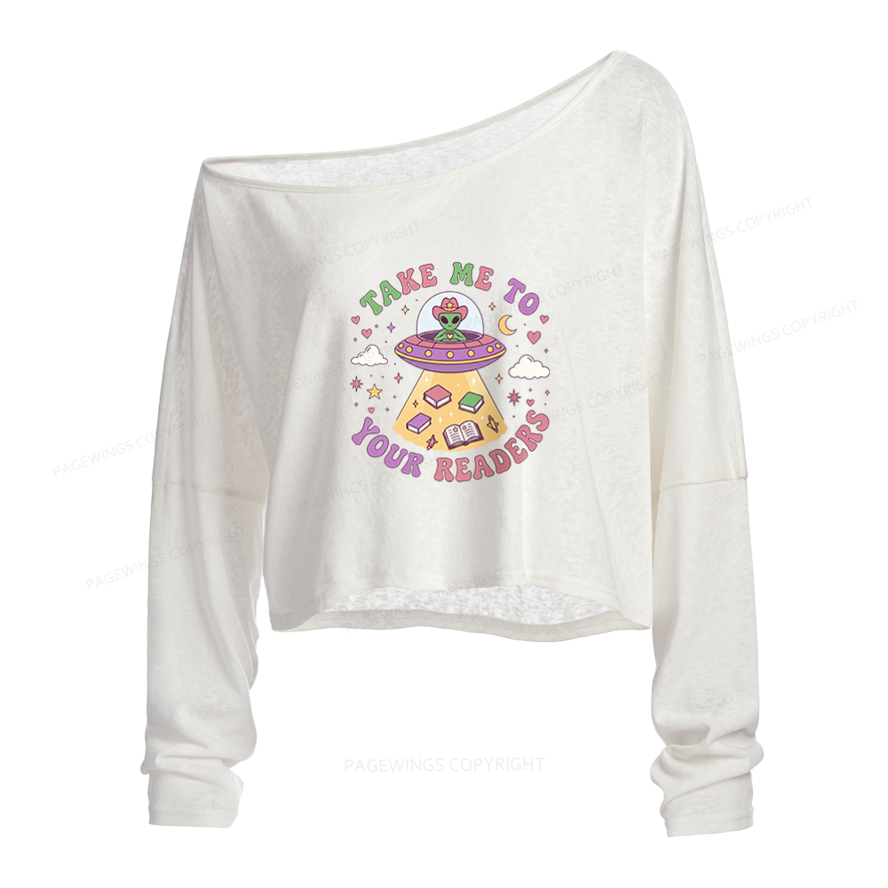 Pagewings Cute Alien Reading Slouchy Long Sleeve Off Shoulder T-shirt
