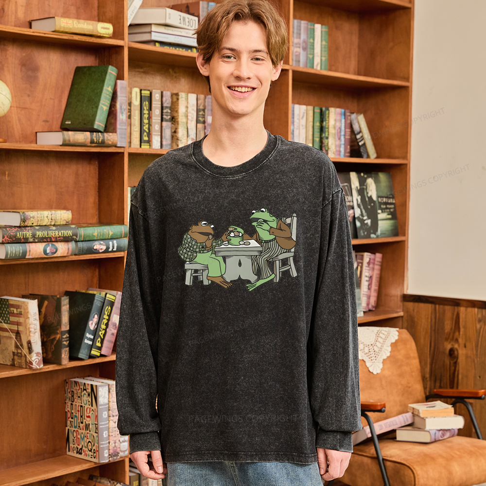 Pagewings Frog Eat Cookies Unisex Washed Long Sleeve T-shirt