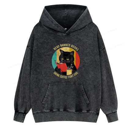 Pagewings Read Banned Books Drink Coffee Fight Evil Retro Cat Lovers Unisex Washed Hoodie