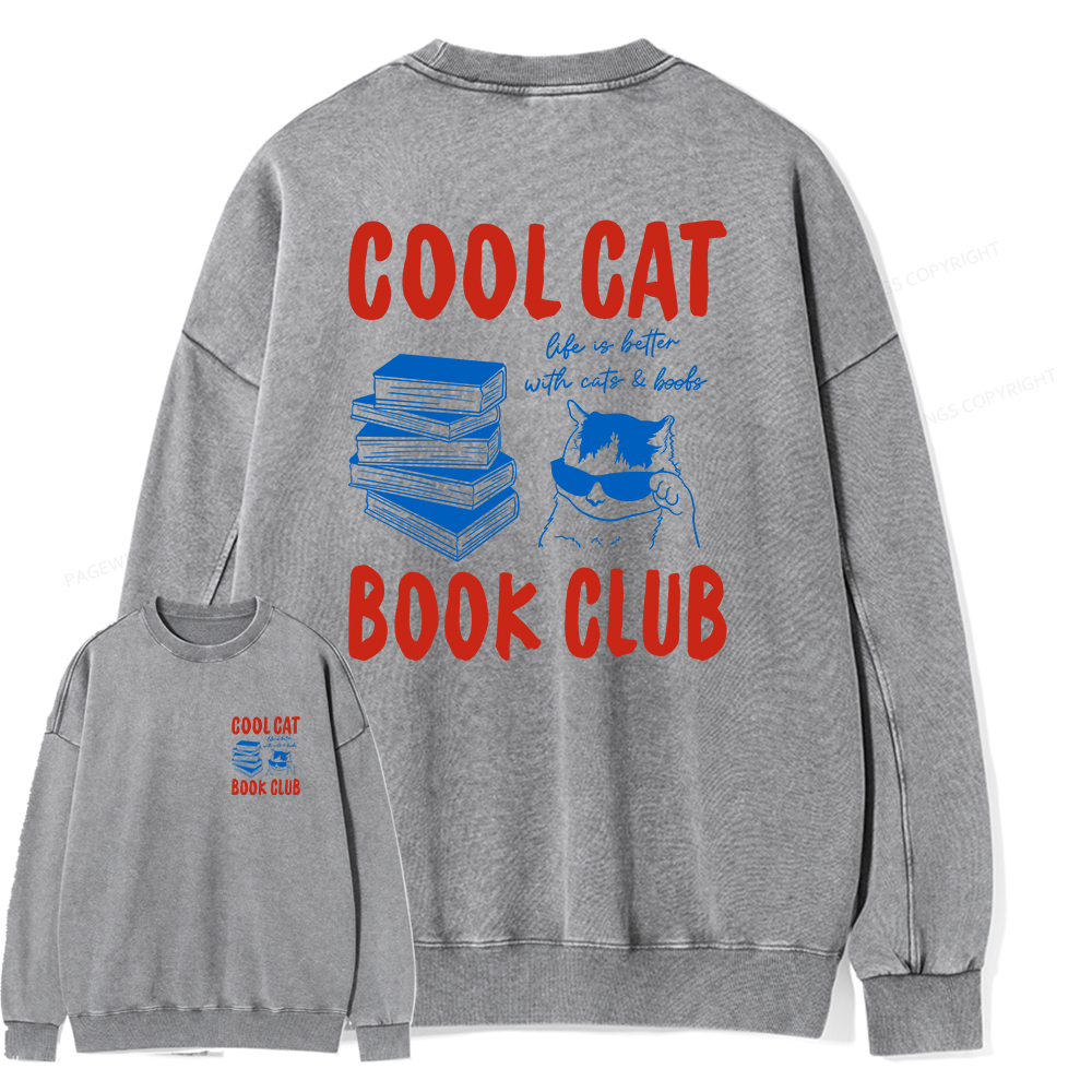 Pagewings Cool Cat Book Club Unisex Washed Sweatshirt