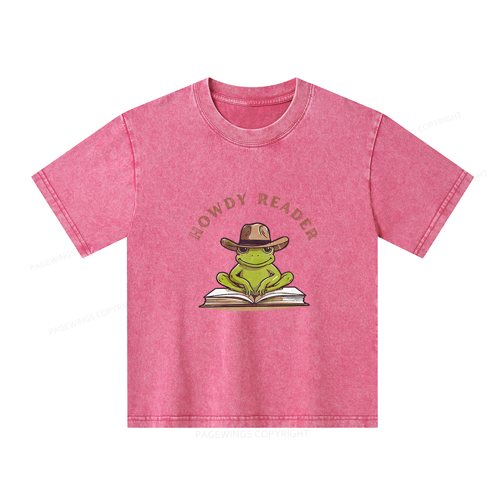 Pagewings Howdy Reader Frog Unisex Kids Washed T-shirt