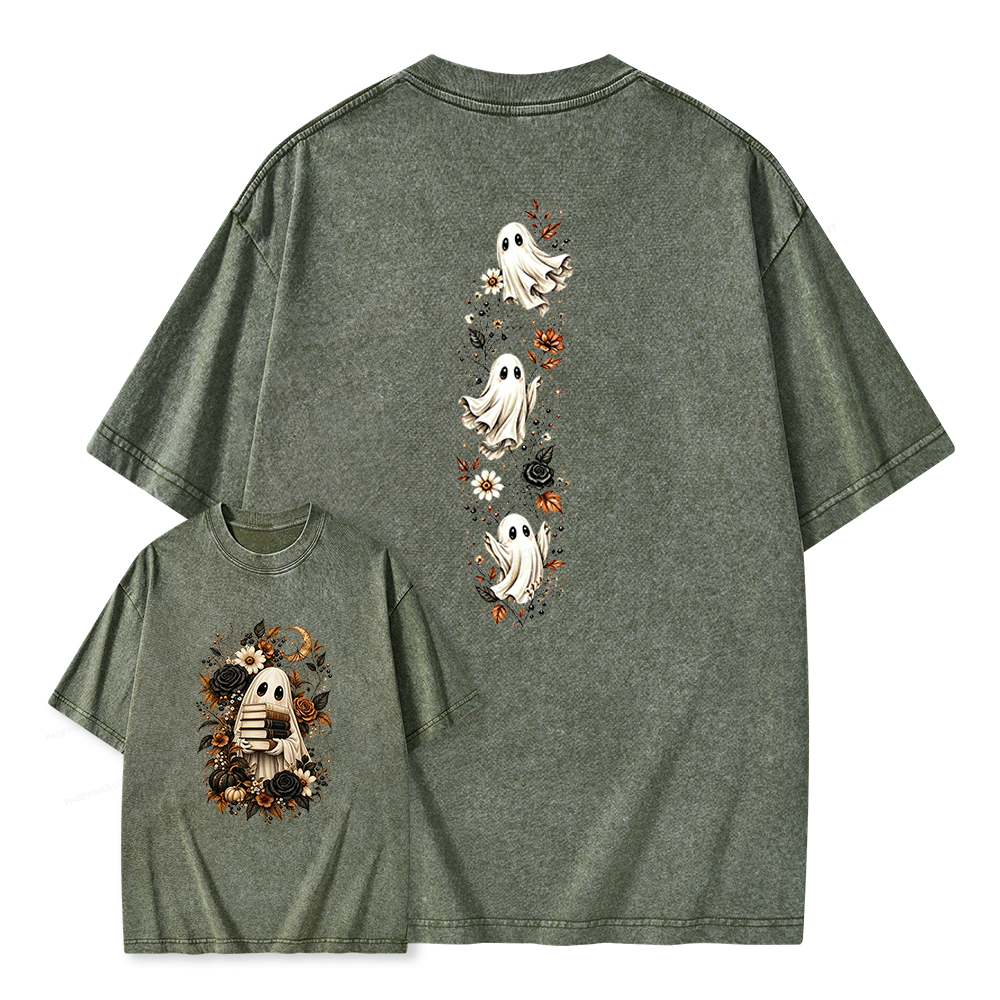 Pagewings Halloween Floral Ghost Bookish Unisex Washed T-shirt