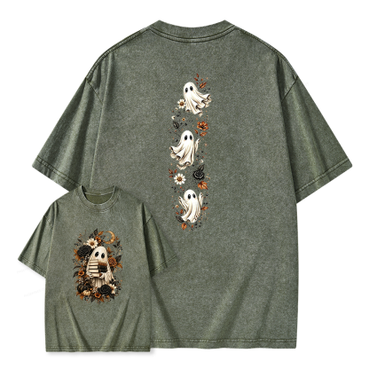 Pagewings Halloween Floral Ghost Bookish Unisex Washed T-shirt