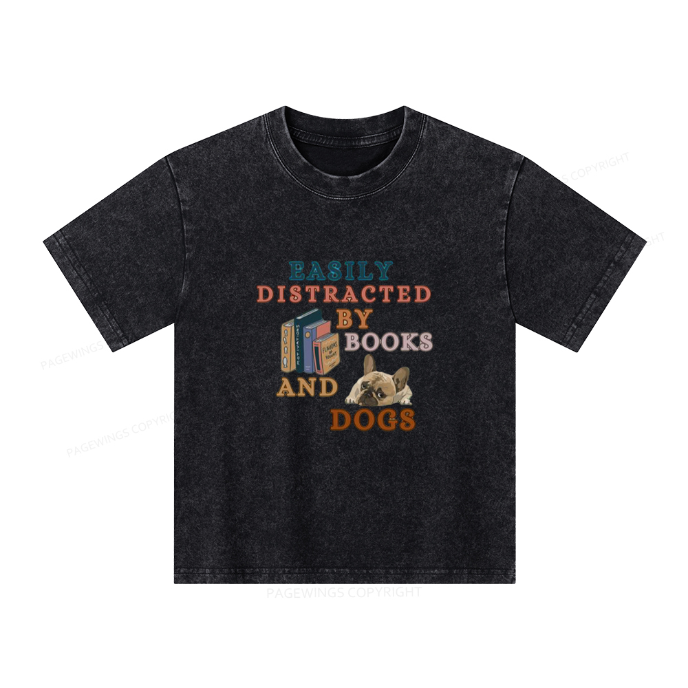 Pagewings Easily Distracted By Books And Dogs Unisex Kids Washed T-shirt