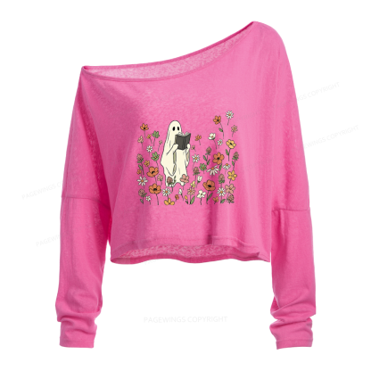 Pagewing Reading Ghost Slouchy Long Sleeve Off Shoulder T-shirt