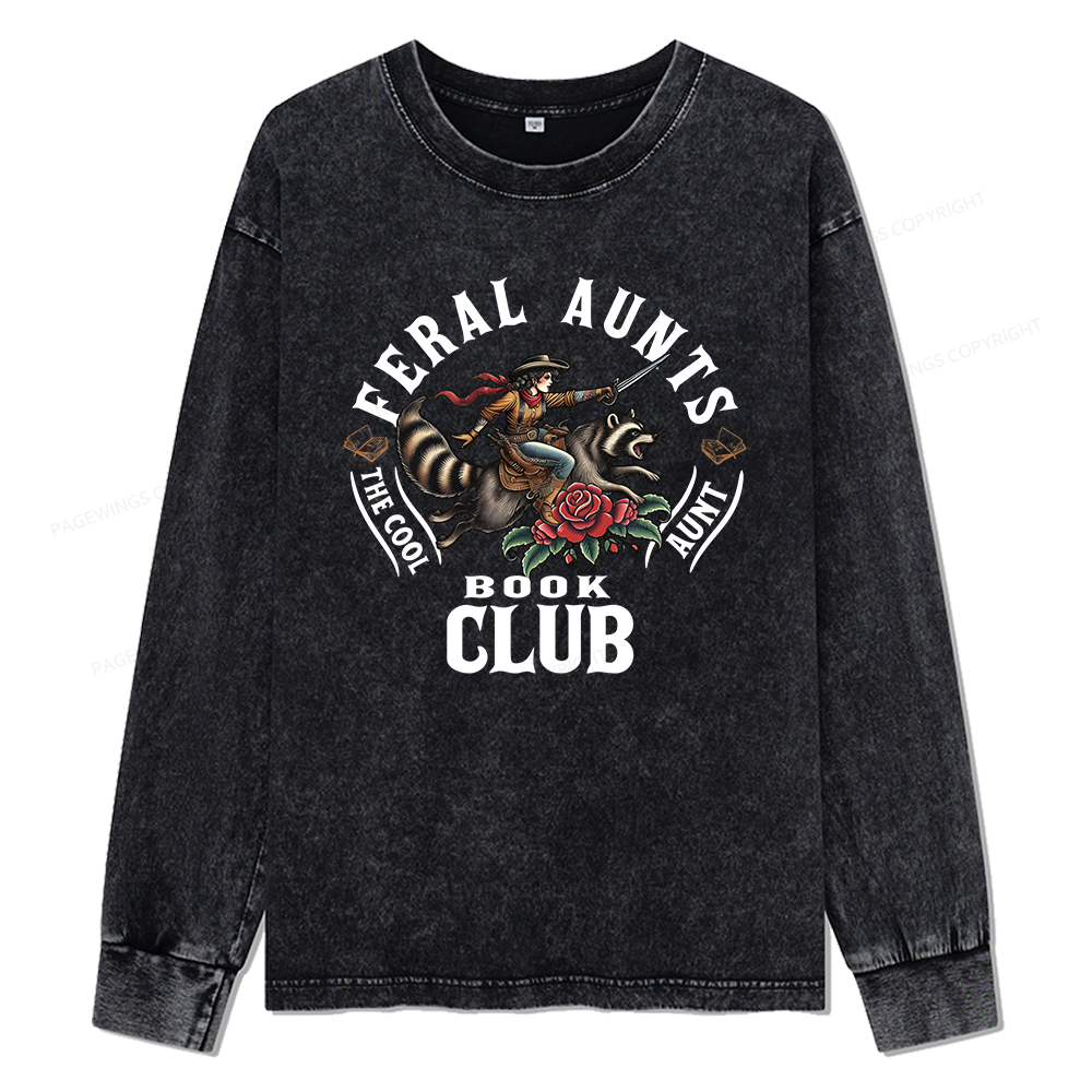 Pagewings Feral Aunt Social Book Club Unisex Washed Long Sleeve T-shirt