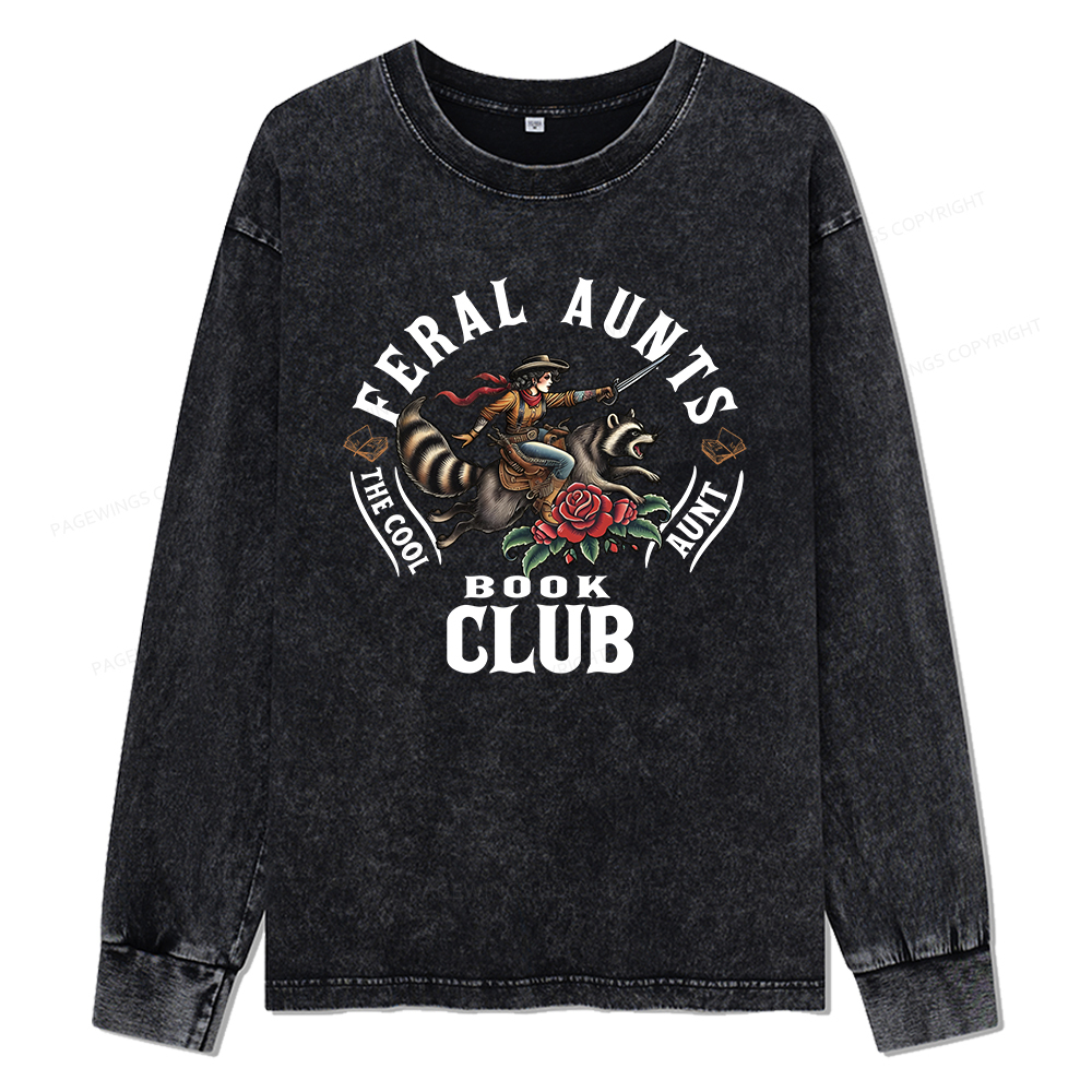 Pagewings Feral Aunt Social Book Club Unisex Washed Long Sleeve T-shirt