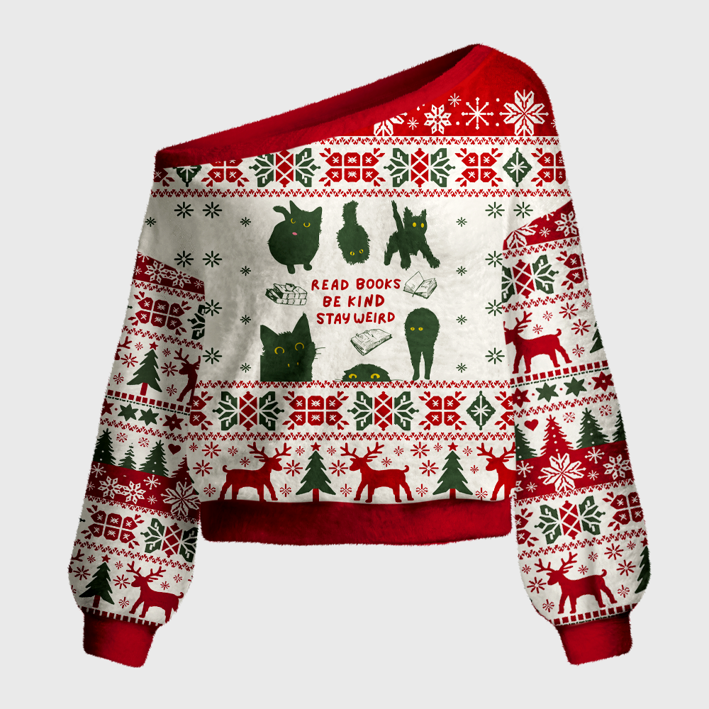 Pagewings Cat Lover Book Reader Off Shoulder Ugly Knit Sweater