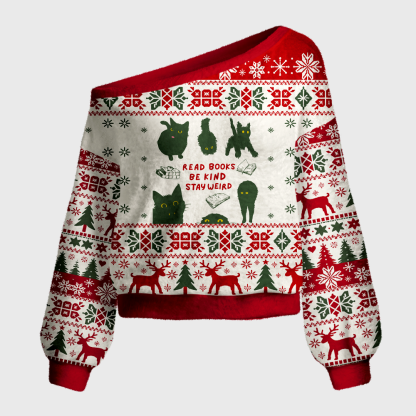 Pagewings Cat Lover Book Reader Off Shoulder Ugly Knit Sweater