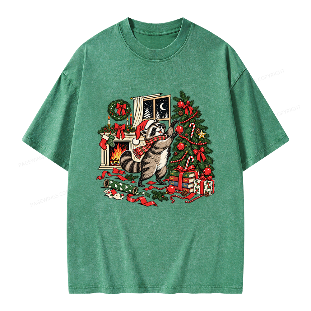 Pagewings Feral Raccoon Christmas Unisex Washed T-shirt