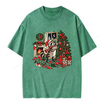 Pagewings Feral Raccoon Christmas Unisex Washed T-shirt