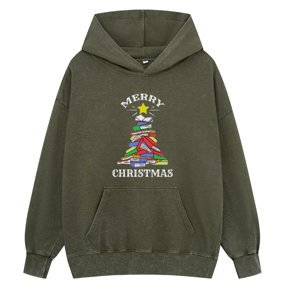 Pagewings Merry Christmas Book Tree Unisex Washed Hoodie