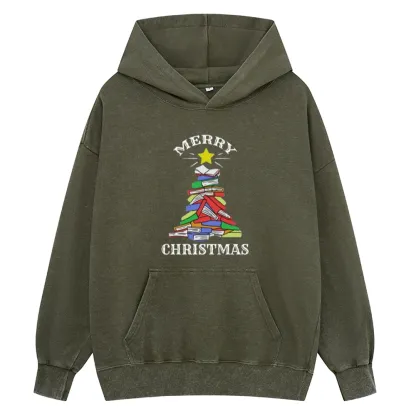 Pagewings Merry Christmas Book Tree Unisex Washed Hoodie