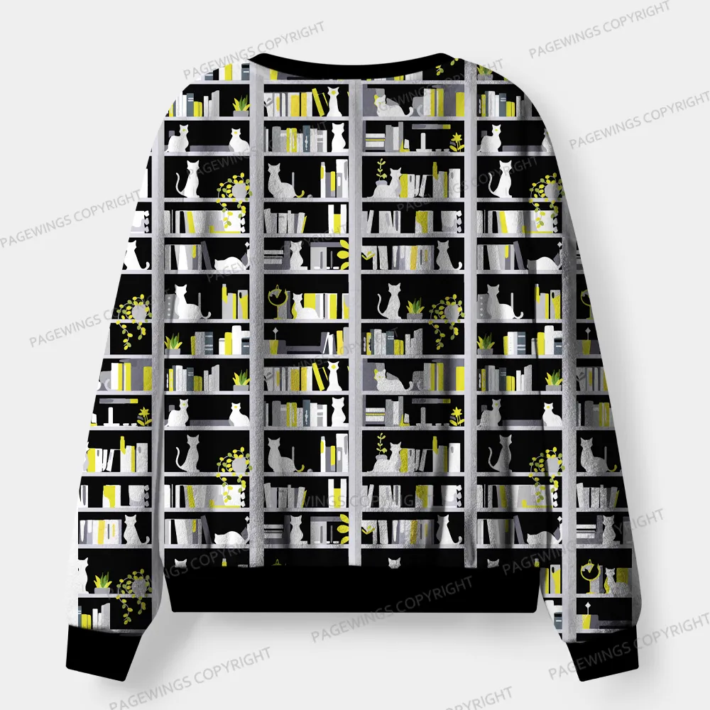 Pagewings Bookshelf And Cats Unisex Flannel Pajama Set