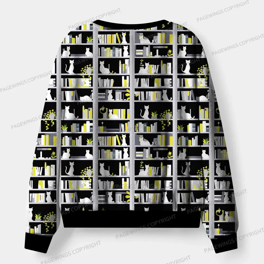 Pagewings Bookshelf And Cats Unisex Flannel Pajama Set