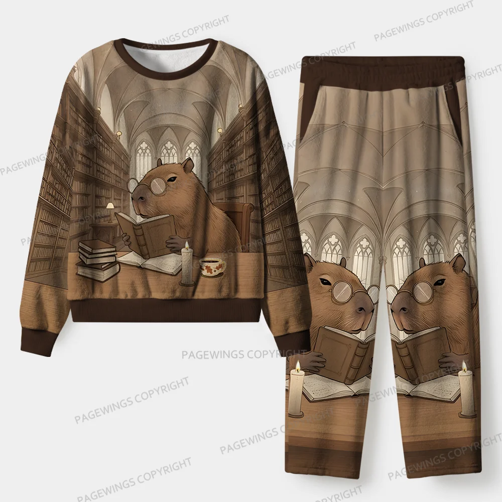 Pagewings Capybara Loves Reading Unisex Flannel Pajama Set
