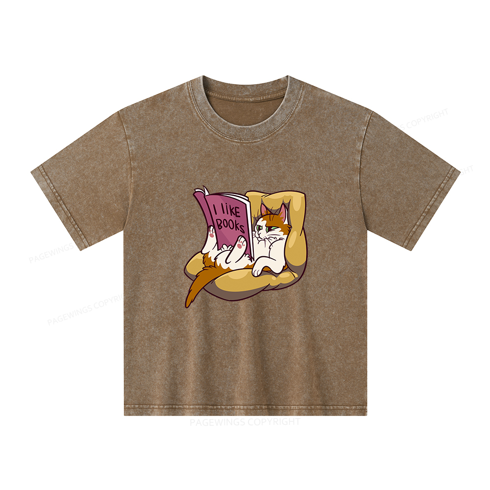 Pagewings A Cat That Likes Reading Books Unisex Kids Washed T-shirt