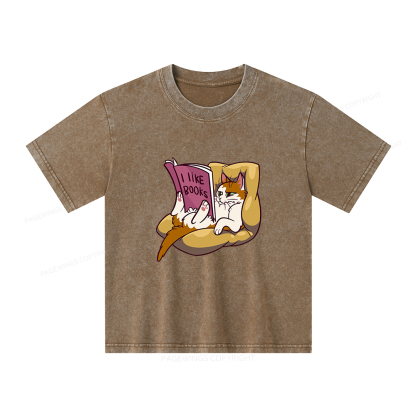 Pagewings A Cat That Likes Reading Books Unisex Kids Washed T-shirt