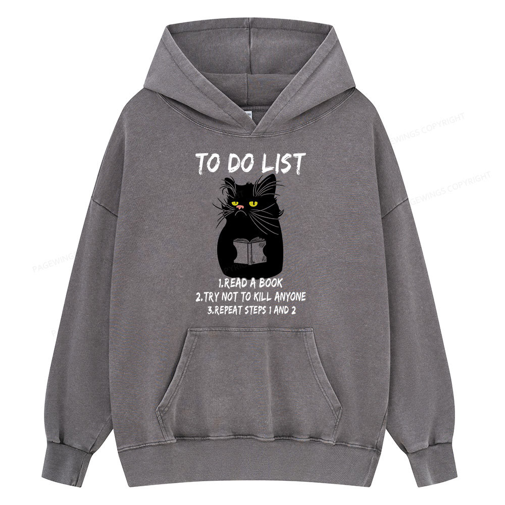 Pagewings Black Cat To Do List Unisex Washed Hoodie