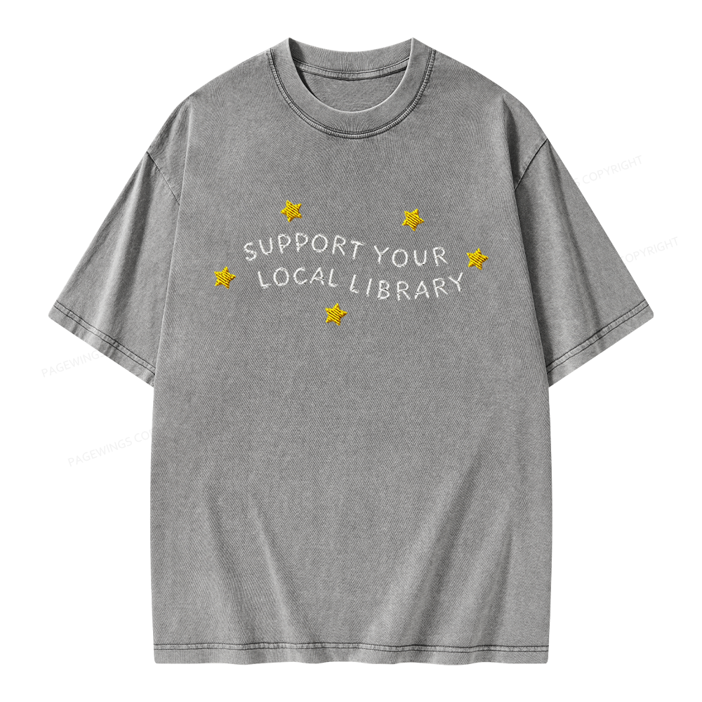 Pagewings Embroidered Support Your Local Library Unisex Washed T-shirt