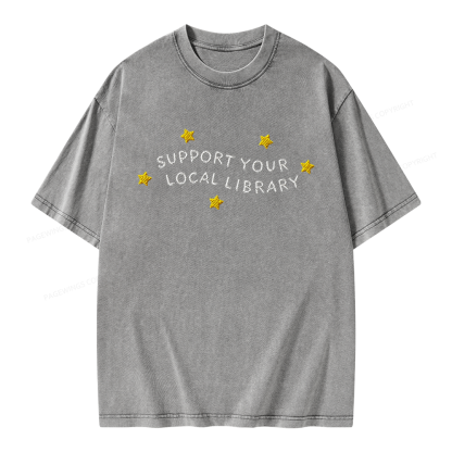 Pagewings Embroidered Support Your Local Library Unisex Washed T-shirt