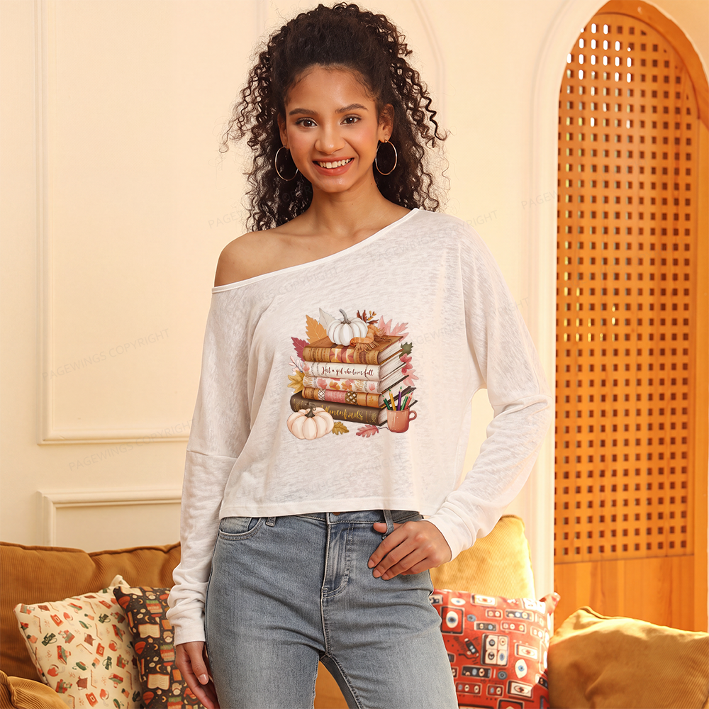 Pagewings Thanksgiving Fall Pumpkin Slouchy Long Sleeve Off Shoulder T-shirt