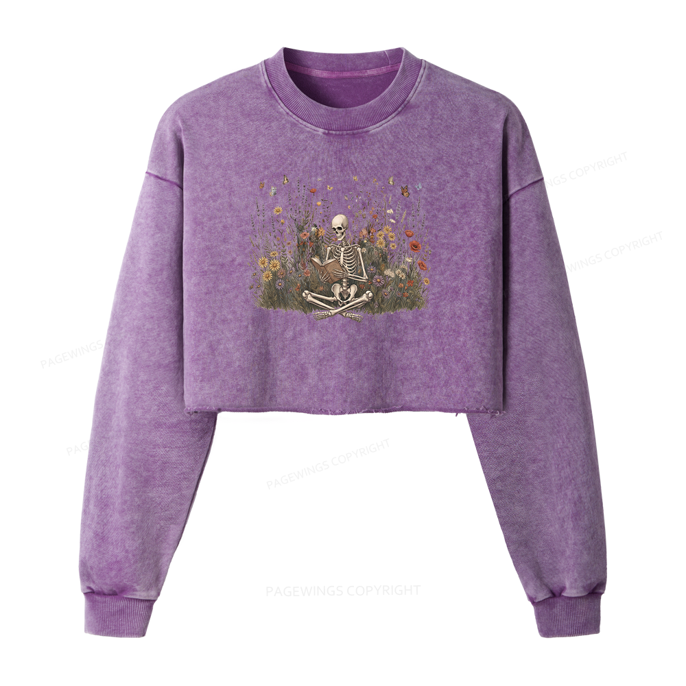 Pagewings Skeleton Reading Book Washed Crop Sweatshirt