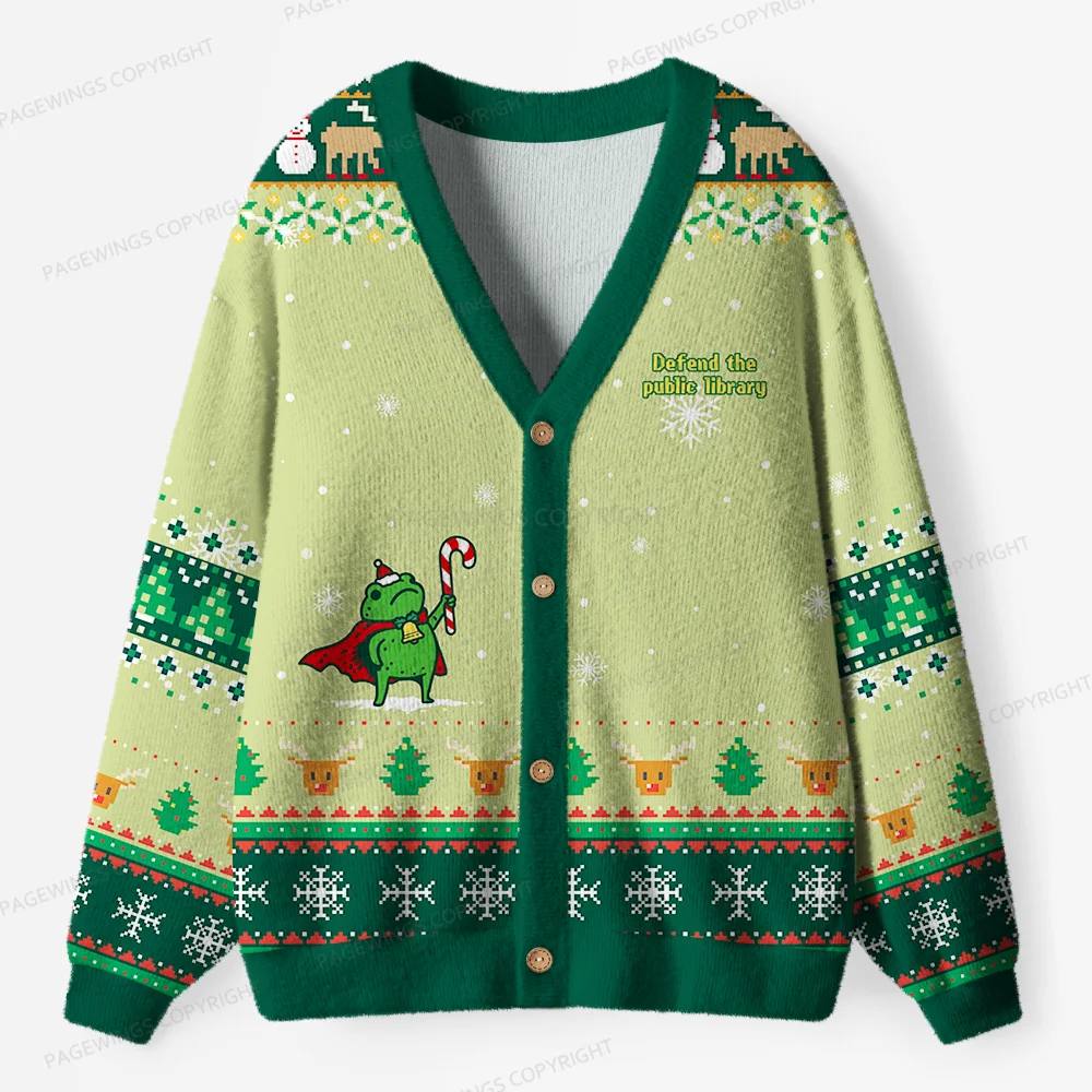Pagewings Defend The Public Library Unisex Ugly Cardigan Sweaters