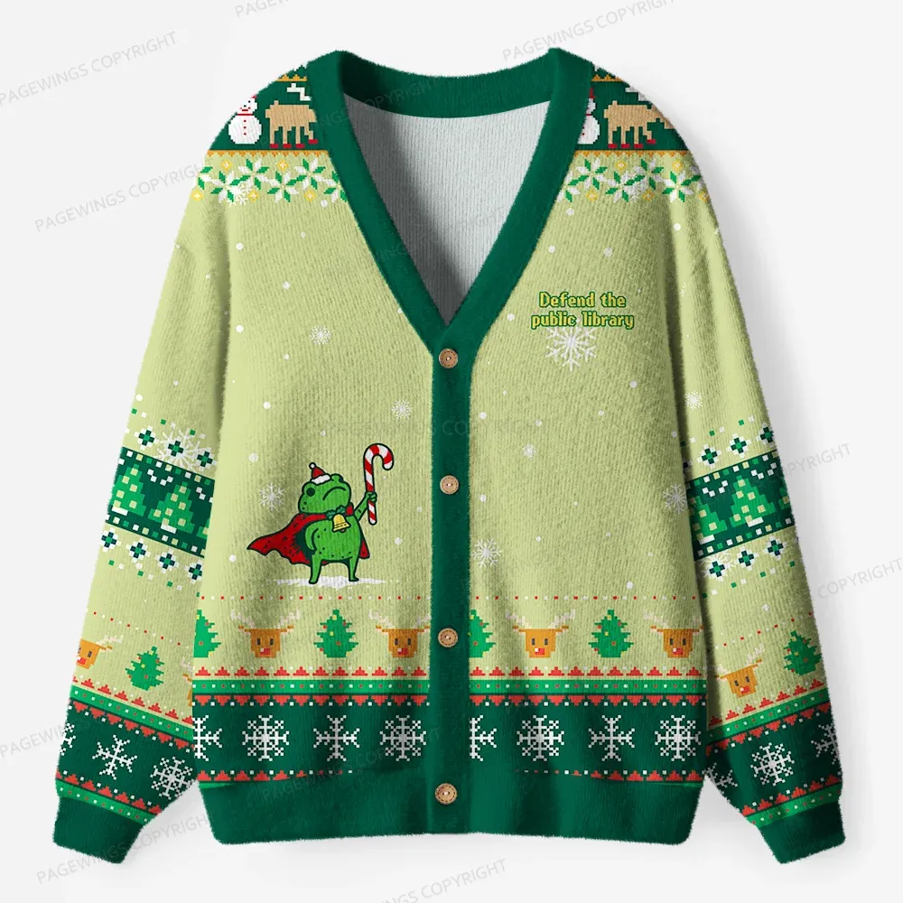 Pagewings Defend The Public Library Unisex Ugly Cardigan Sweaters