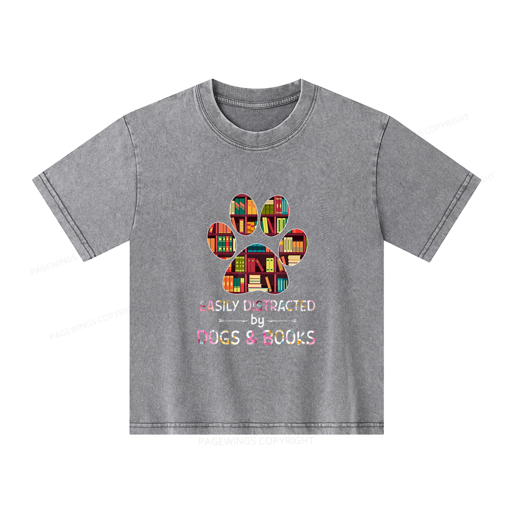 Pagewings Easily Distracted By Dogs And Books Unisex Kids Washed T-shirt