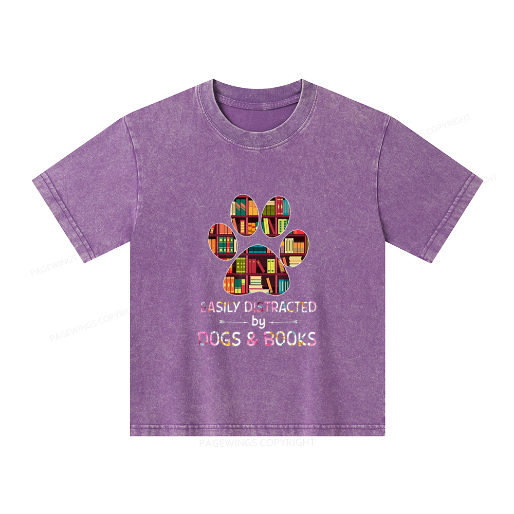 Pagewings Easily Distracted By Dogs And Books Unisex Kids Washed T-shirt