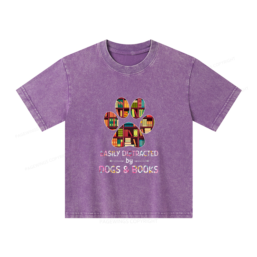 Pagewings Easily Distracted By Dogs And Books Unisex Kids Washed T-shirt