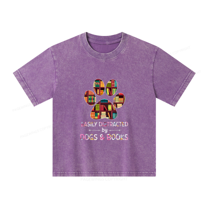 Pagewings Easily Distracted By Dogs And Books Unisex Kids Washed T-shirt