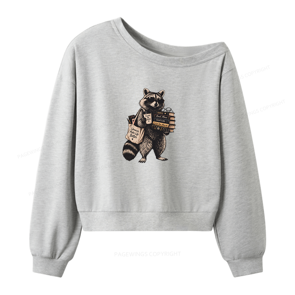 Pagewings Book Lover Raccoon Women Off Shoulder Sweatshirt