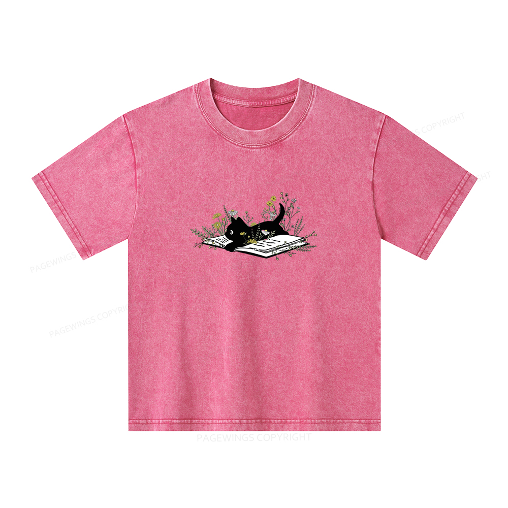 Pagewings Cute Book Cat Unisex Kids Washed T-shirt