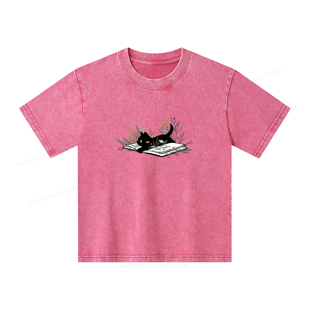 Pagewings Cute Book Cat Unisex Kids Washed T-shirt
