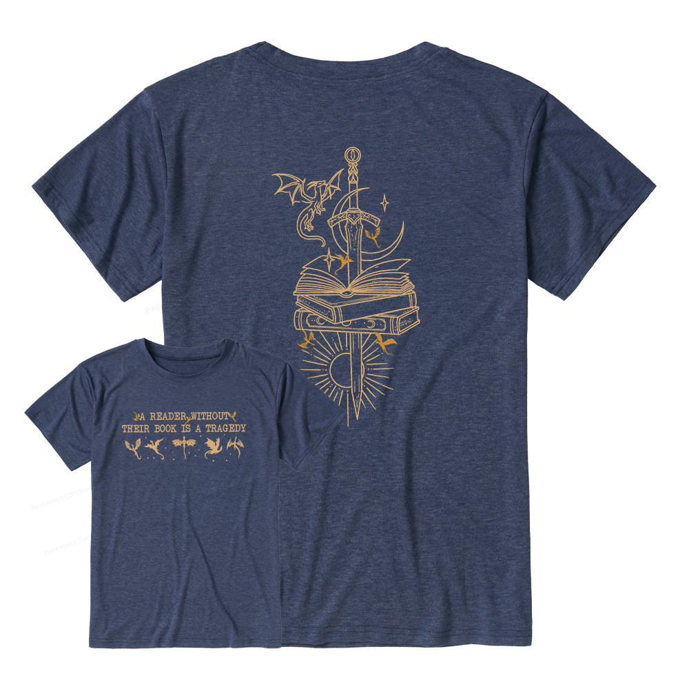 Pagewings A Reader Without Their Book Is A Tragedy Unisex Heather T-Shirt