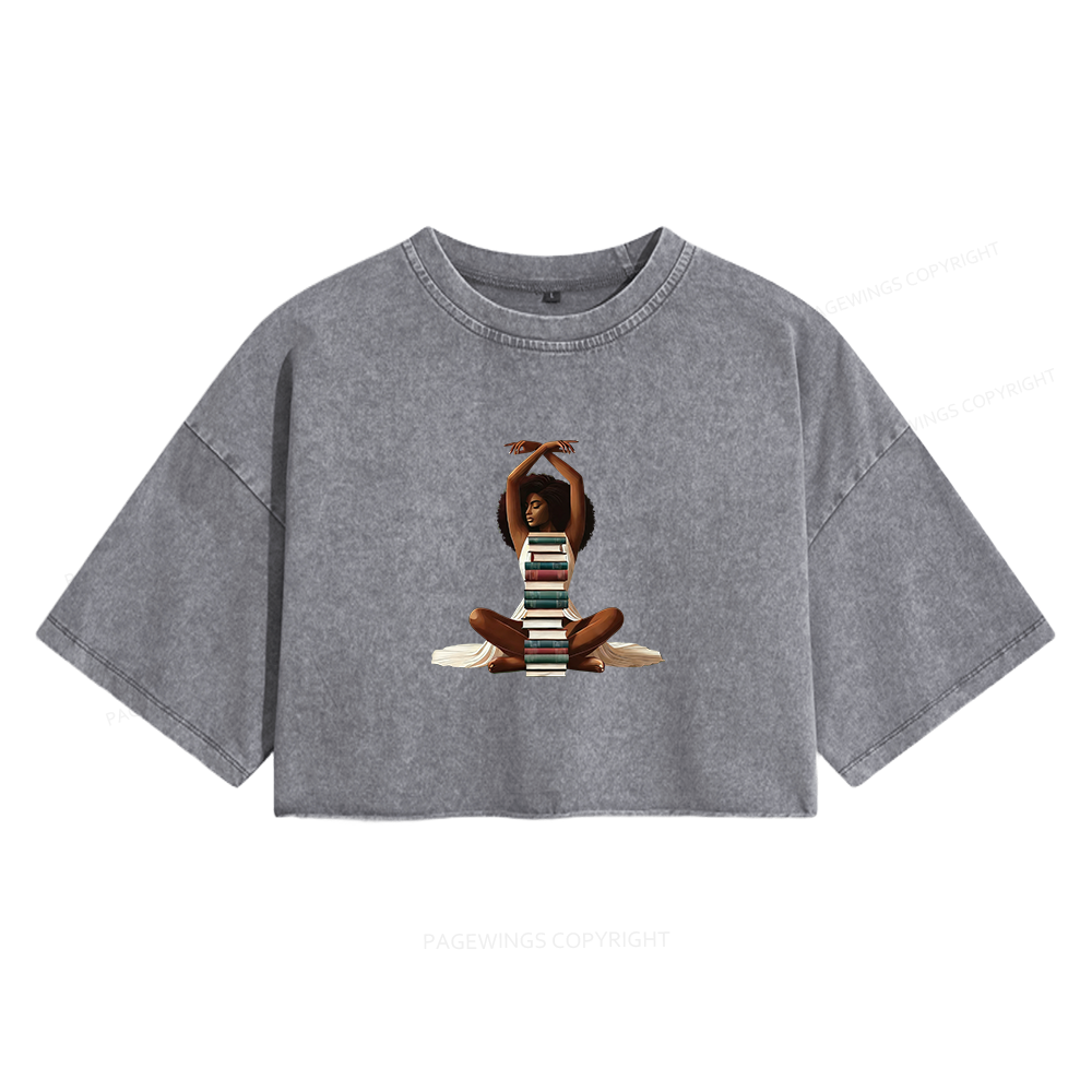 Pagewings Black Girl Reading Women's Washed Cropped T-shirt