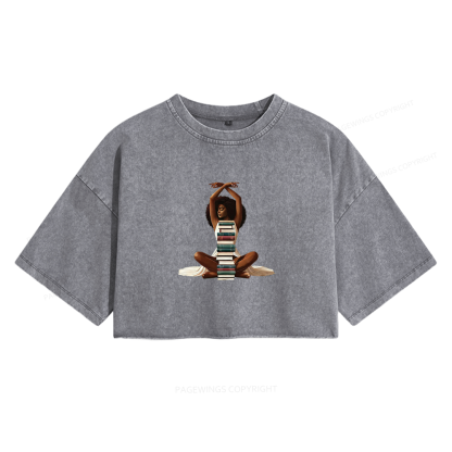 Pagewings Black Girl Reading Women's Washed Cropped T-shirt