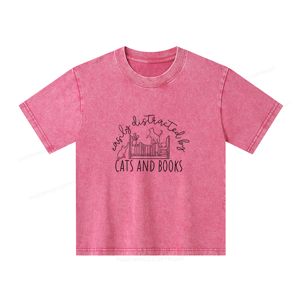 Pagewings Cute Cats And Books Unisex Kids Washed T-shirt