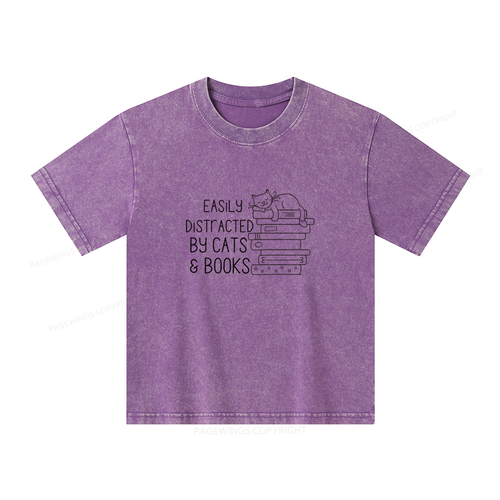 Pagewings Easily Distracted By Cats and Books Unisex Kids Washed T-shirt